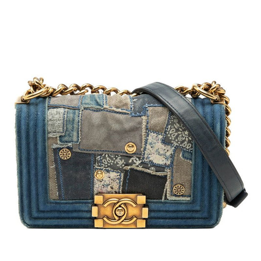 Chanel CC Logo Boy 20 Chain Shoulder Bag Patchwork Blue Multicolor Denim
