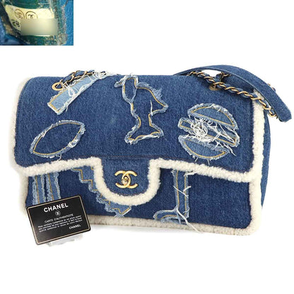 Chanel Egyptian Chain Shoulder Bag Denim Shearling Blue Gold Egypt — view 2