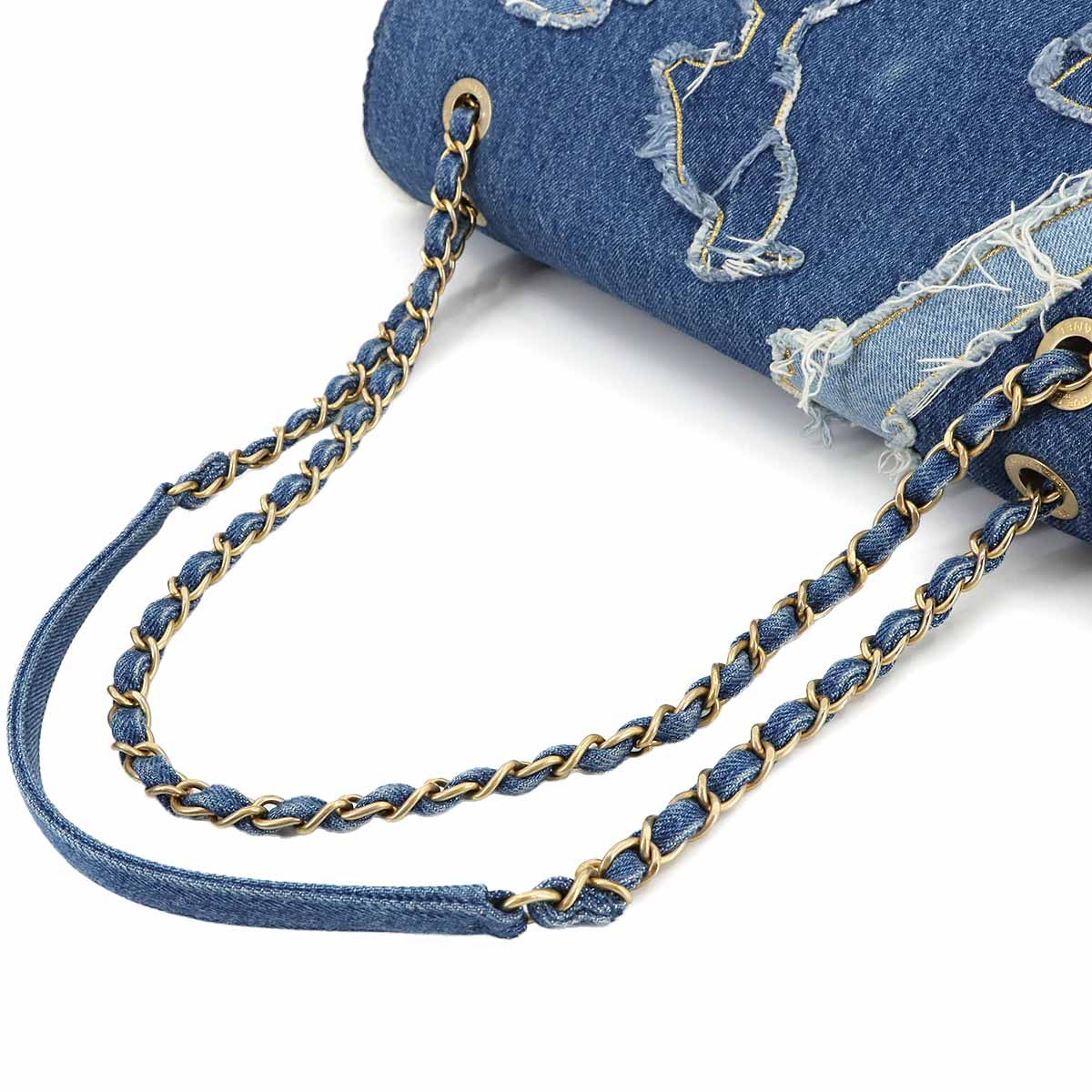 Chanel Egyptian Chain Shoulder Bag Denim Shearling Blue Gold Egypt — view 6