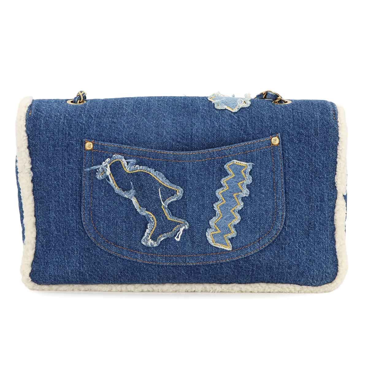 Chanel Egyptian Chain Shoulder Bag Denim Shearling Blue Gold Egypt — view 3