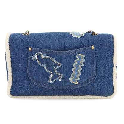 Chanel Egyptian Chain Shoulder Bag Denim Shearling Blue Gold Egypt — view 3