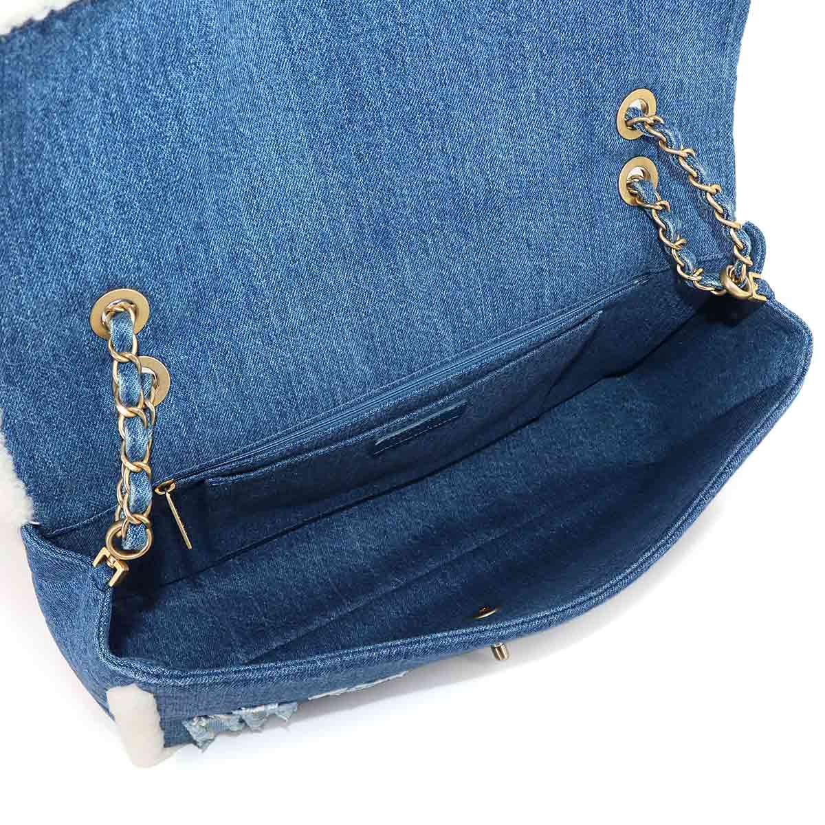 Chanel Egyptian Chain Shoulder Bag Denim Shearling Blue Gold Egypt — view 7