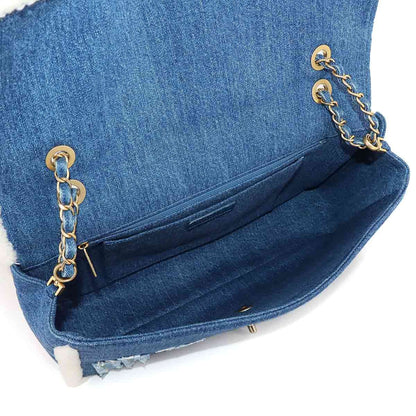 Chanel Egyptian Chain Shoulder Bag Denim Shearling Blue Gold Egypt — view 7