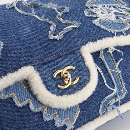 Chanel Egyptian Chain Shoulder Bag Denim Shearling Blue Gold Egypt — view 9