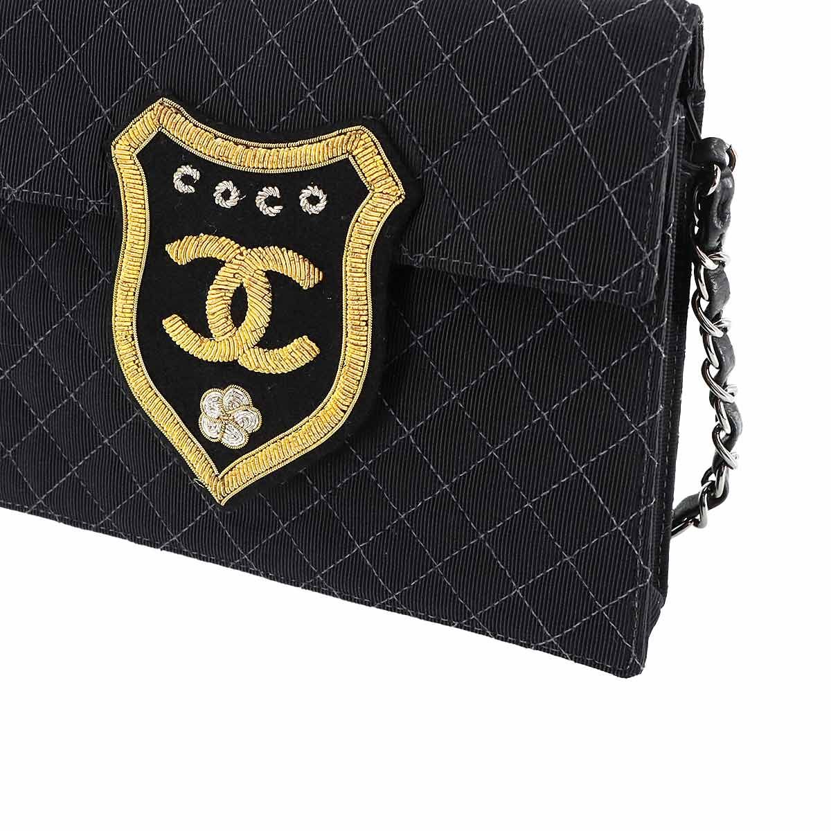 Chanel Quilted Emblem Chain Shoulder Bag Canvas Leather Black Silver — view 8