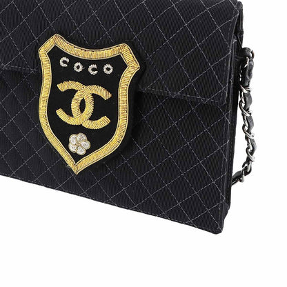 Chanel Quilted Emblem Chain Shoulder Bag Canvas Leather Black Silver — view 8