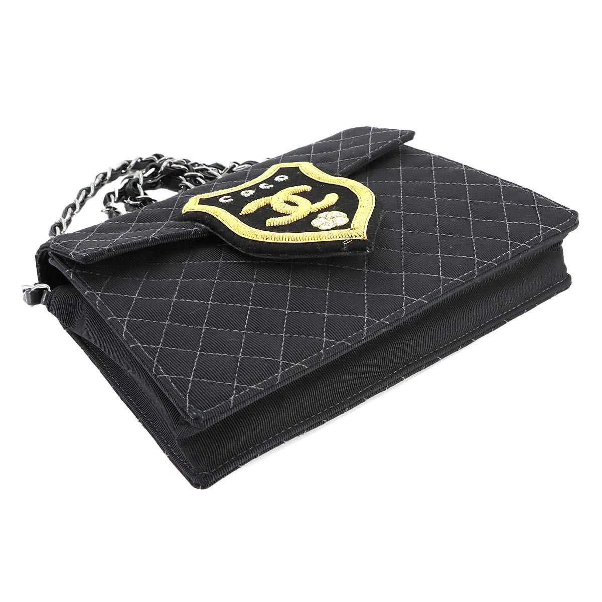 Chanel Quilted Emblem Chain Shoulder Bag Canvas Leather Black Silver — view 4