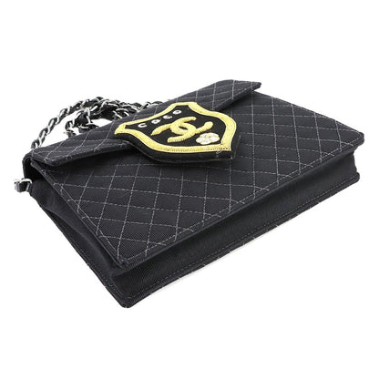 Chanel Quilted Emblem Chain Shoulder Bag Canvas Leather Black Silver — view 4