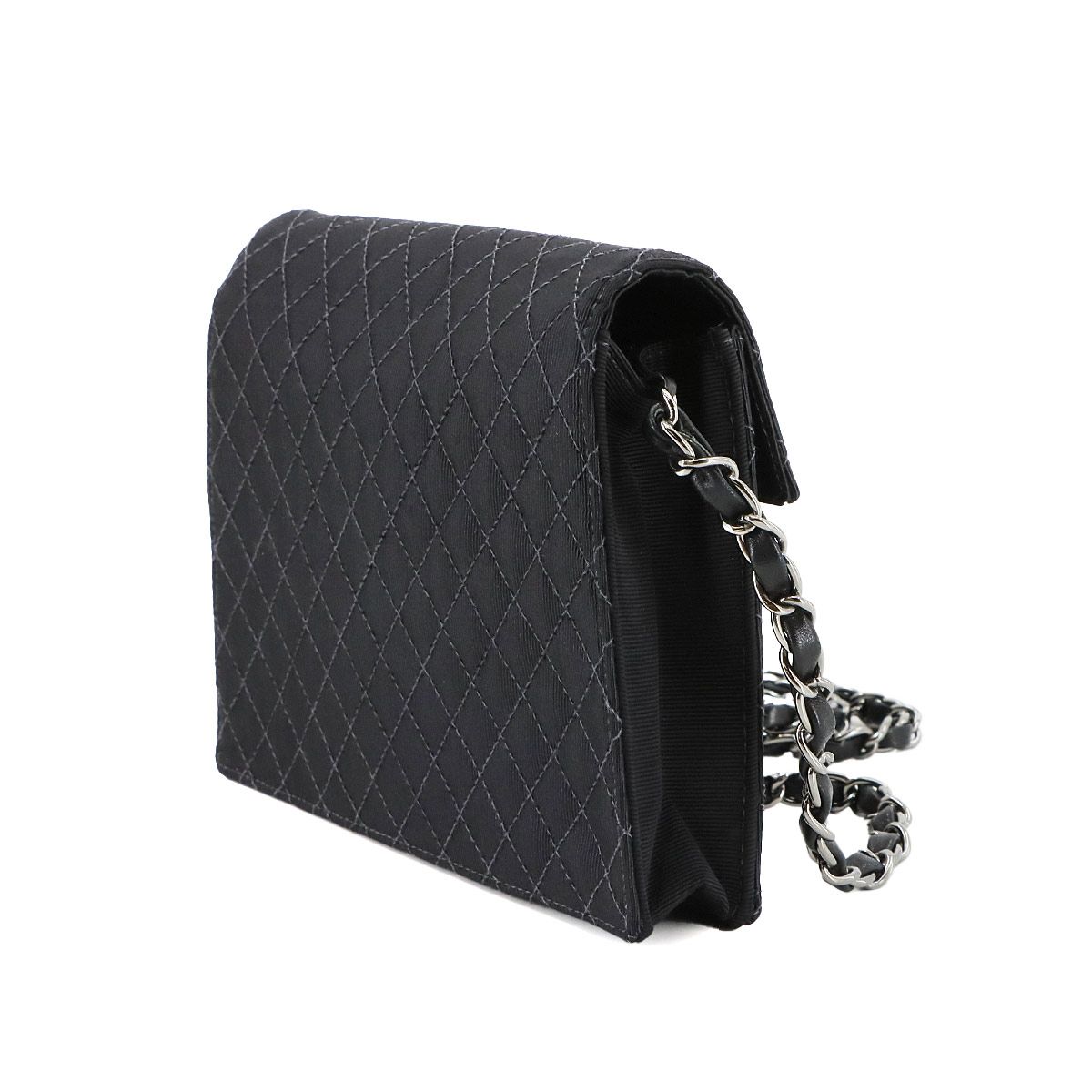 Chanel Quilted Emblem Chain Shoulder Bag Canvas Leather Black Silver — view 3
