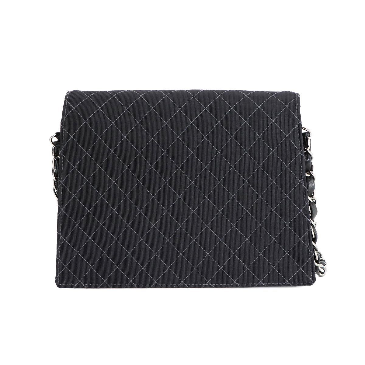Chanel Quilted Emblem Chain Shoulder Bag Canvas Leather Black Silver — view 2