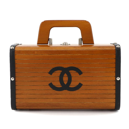 Chanel Wood Vanity Hand Bag Leather Brown Black Silver Vintage — view 2