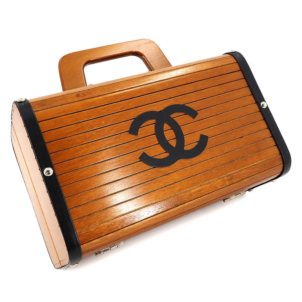 Chanel Wood Vanity Hand Bag Leather Brown Black Silver Vintage — view 8