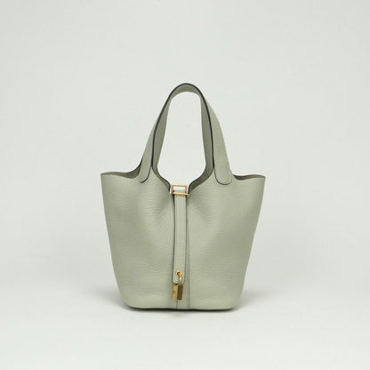 Hermes Picotin Lock PM 18 Tote Taurillon Clemence Grisneve Green Gold