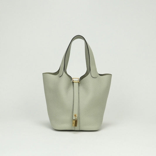Hermes Picotin Lock PM 18 Tote Taurillon Clemence Grisneve Green Gold