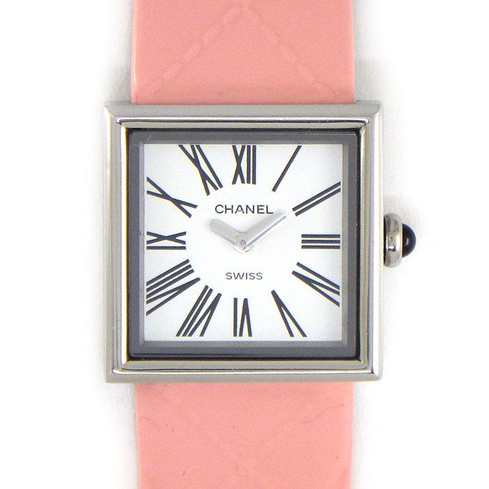 Chanel Watch Mademoiselle Square White Dial Roman Index Pink Enamel Leather SS