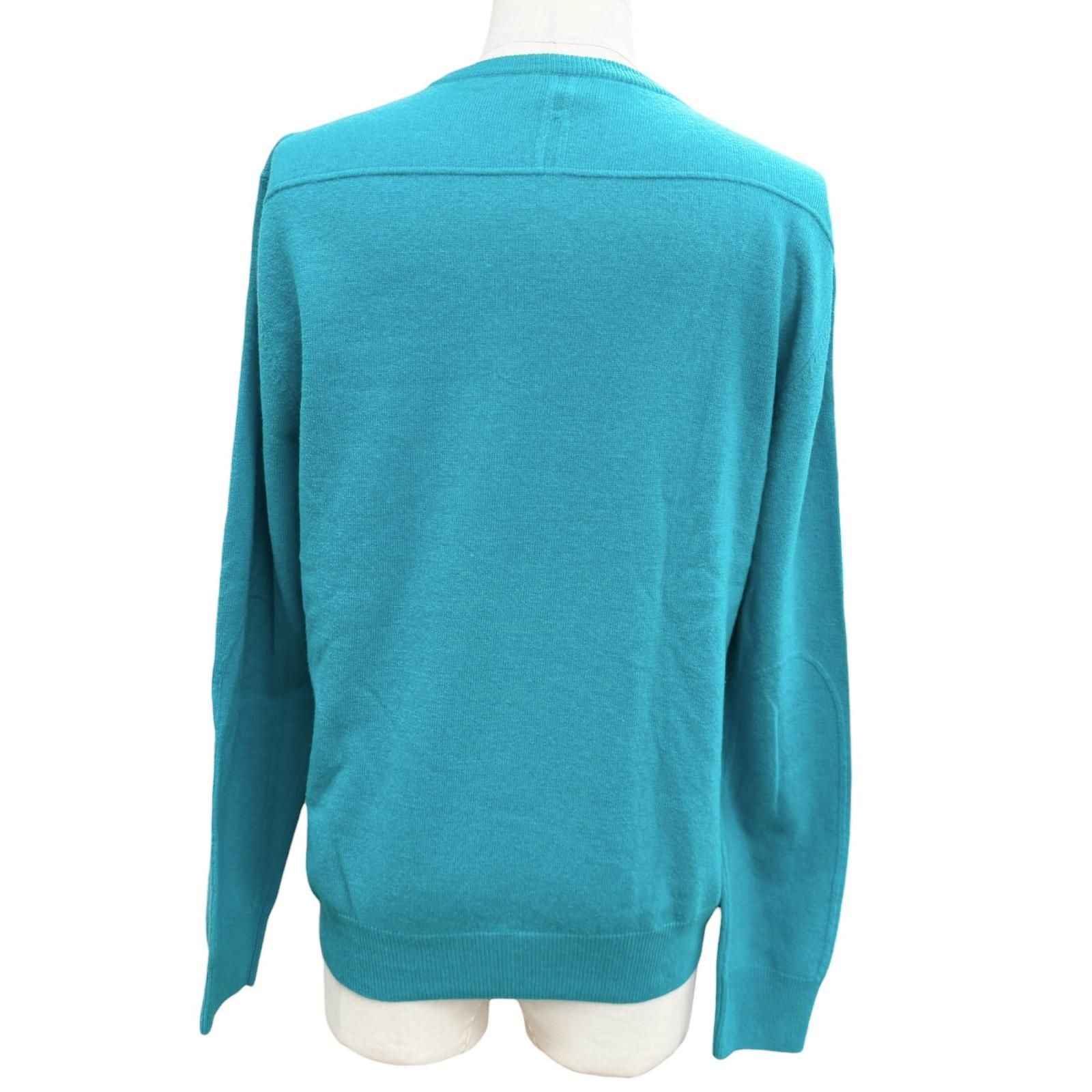 Hermes Wool Cashmere Pocket Crew Neck Pullover Knit Sweater Turquoise Blue — view 4