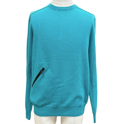Hermes Wool Cashmere Pocket Crew Neck Pullover Knit Sweater Turquoise Blue