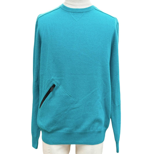 Hermes Wool Cashmere Pocket Crew Neck Pullover Knit Sweater Turquoise Blue