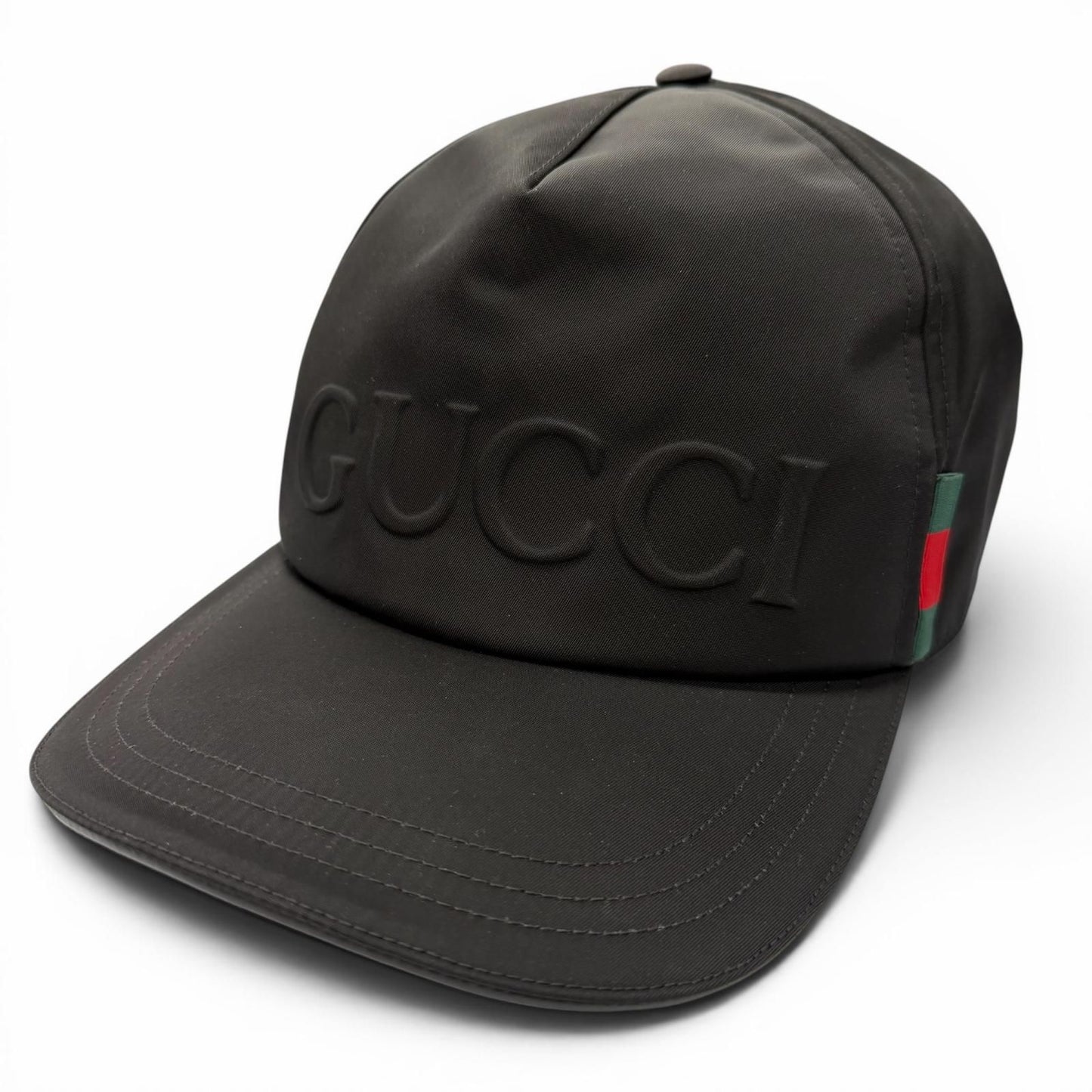 Gucci Nylon Leather Logo Embossed Hat Baseball Cap Black Silver XL