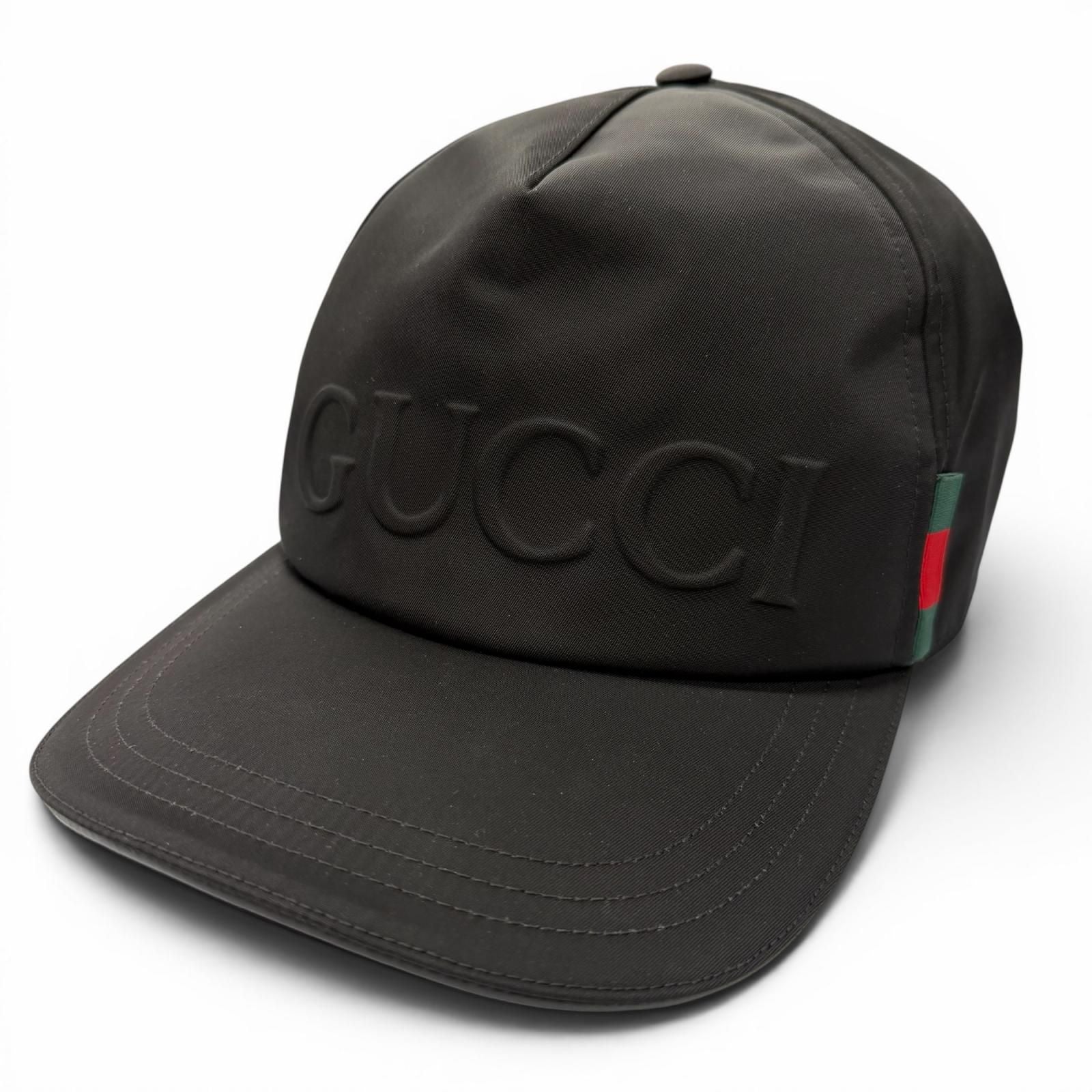 Gucci Nylon Leather Logo Embossed Hat Baseball Cap Black Silver XL