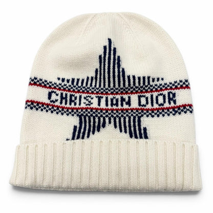 Dior Alpes Wool Cashmere Star Logo Hat Knit Cap White Navy