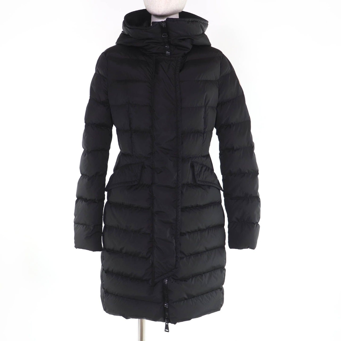 Moncler Grive Logo Patch Hooded Long Length Down Jacket Coat Black