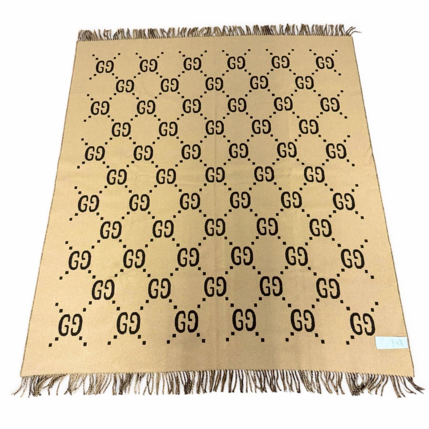 Gucci Wool GG Plaid Fringe Large Throw Beige Brown Blanket — view 4