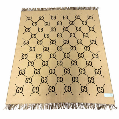 Gucci Wool GG Plaid Fringe Large Throw Beige Brown Blanket — view 4