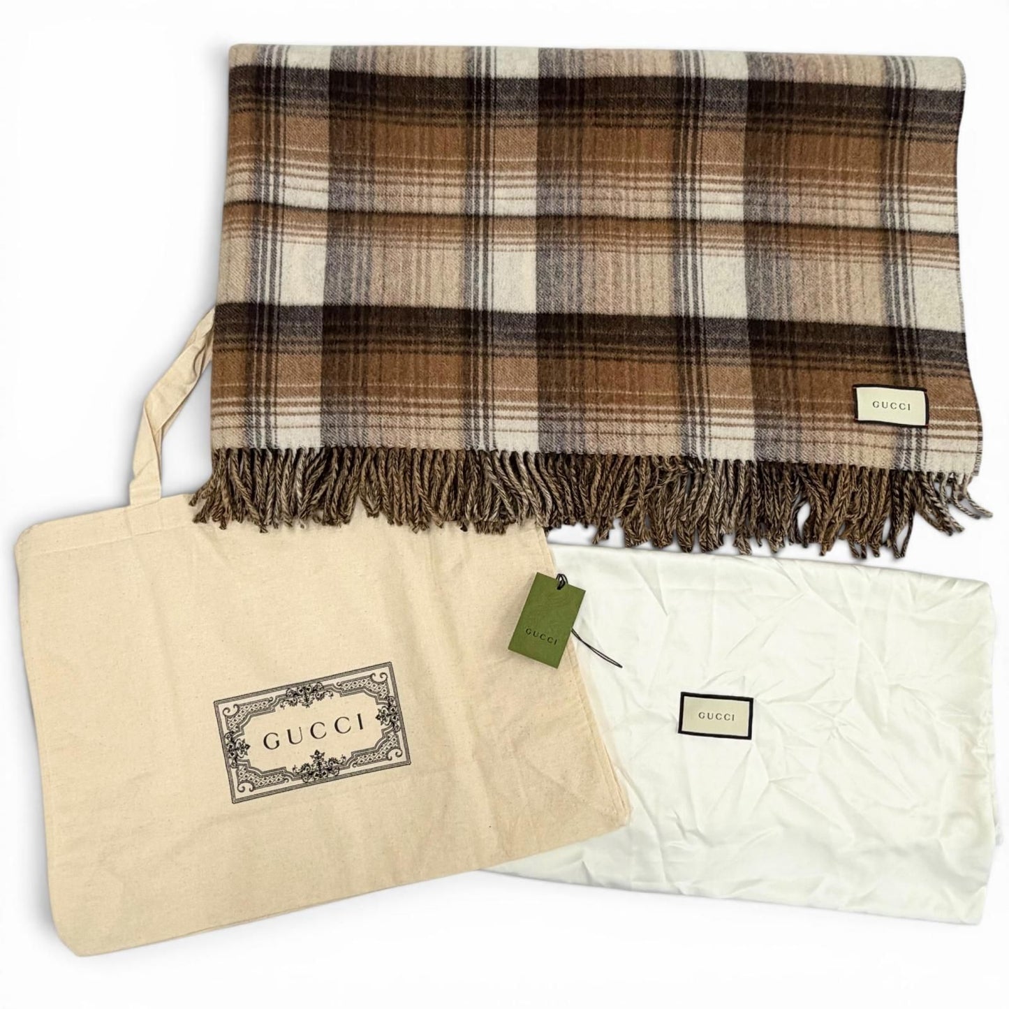 Gucci Wool GG Plaid Fringe Large Throw Beige Brown Blanket — view 2