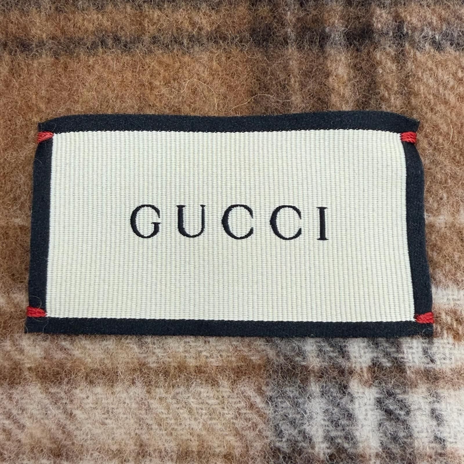 Gucci Wool GG Plaid Fringe Large Throw Beige Brown Blanket — view 7