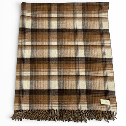 Gucci Wool GG Plaid Fringe Large Throw Beige Brown Blanket