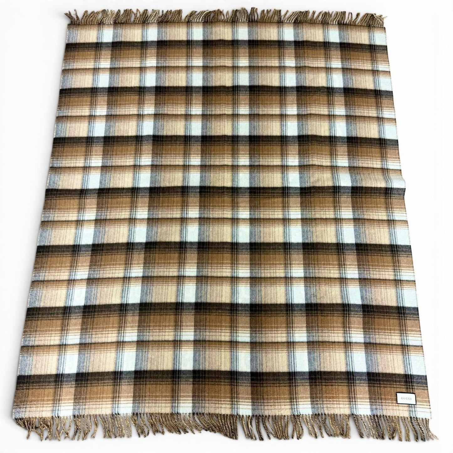 Gucci Wool GG Plaid Fringe Large Throw Beige Brown Blanket — view 3
