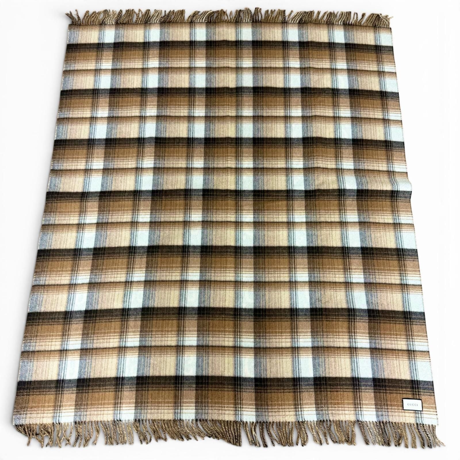 Gucci Wool GG Plaid Fringe Large Throw Beige Brown Blanket — view 3