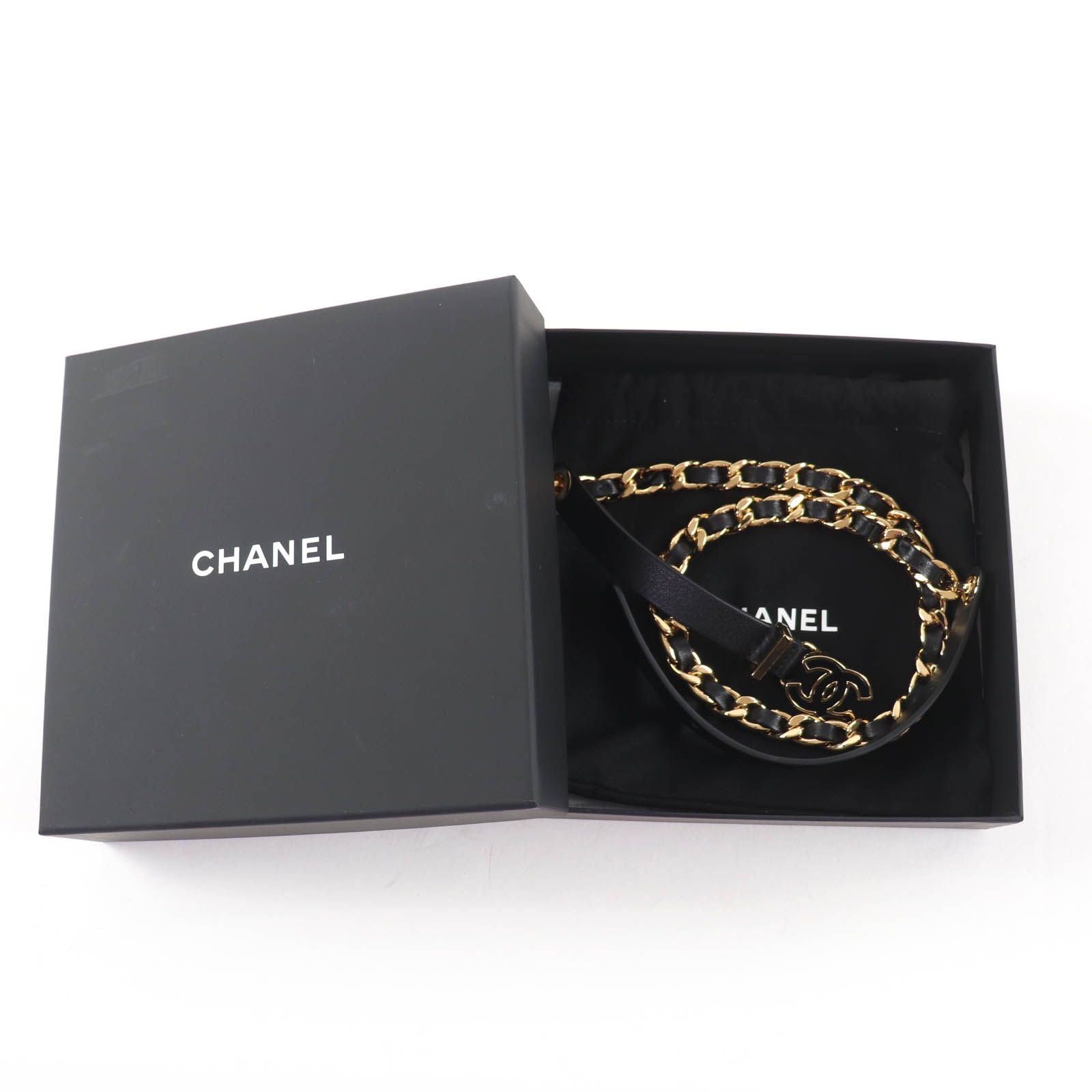 Chanel CC Logo Chain Leather Belt Black Gold 75 — view 2