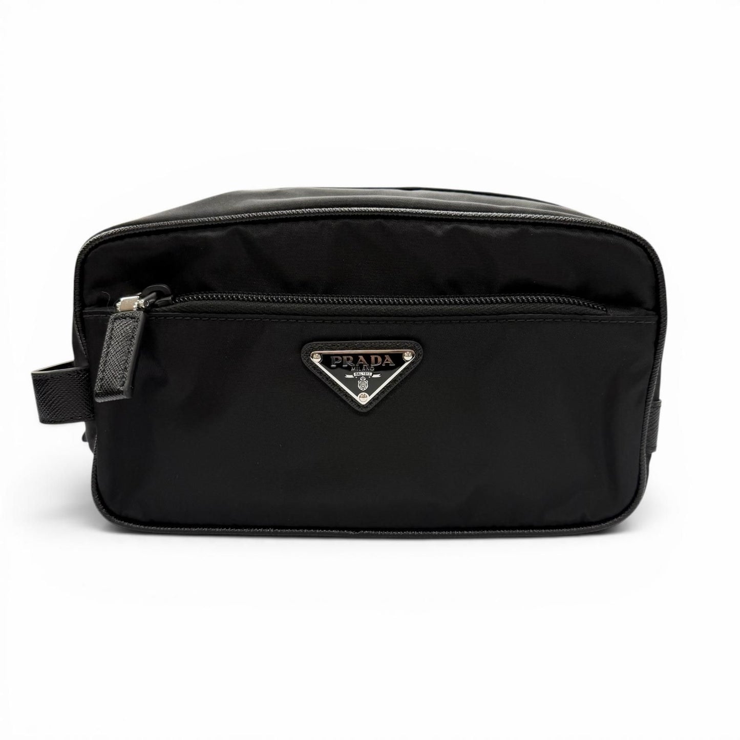 Prada Nylon Saffiano Leather Re-Nylon Triangle Logo Plate Pouch Handbag Clutch