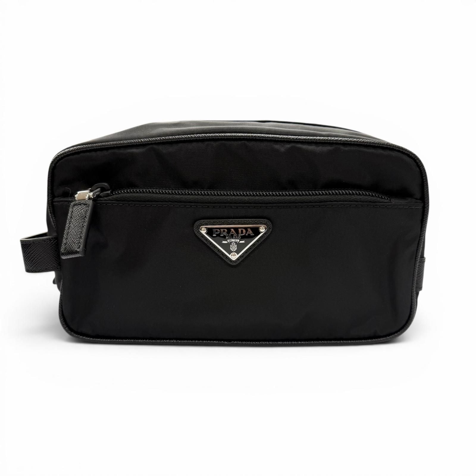 Prada Nylon Saffiano Leather Re-Nylon Triangle Logo Plate Pouch Handbag Clutch