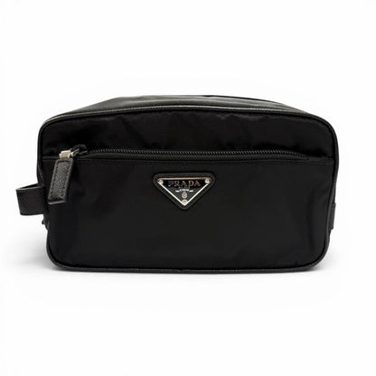 Prada Nylon Saffiano Leather Re-Nylon Triangle Logo Plate Pouch Handbag Clutch