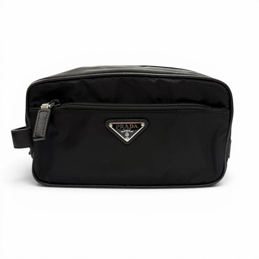 Prada Nylon Saffiano Leather Re-Nylon Triangle Logo Plate Pouch Handbag Clutch