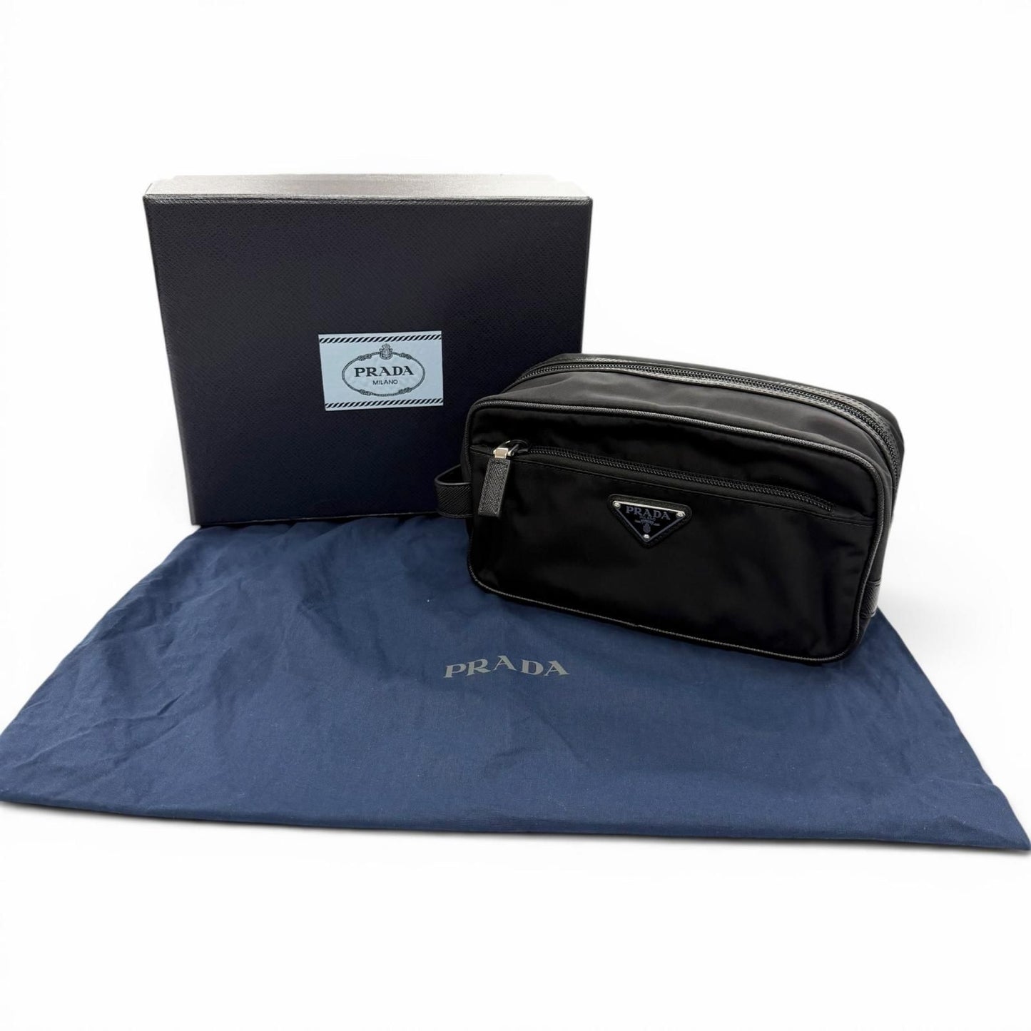 Prada Nylon Saffiano Leather Re-Nylon Triangle Logo Plate Pouch Handbag Clutch — view 2