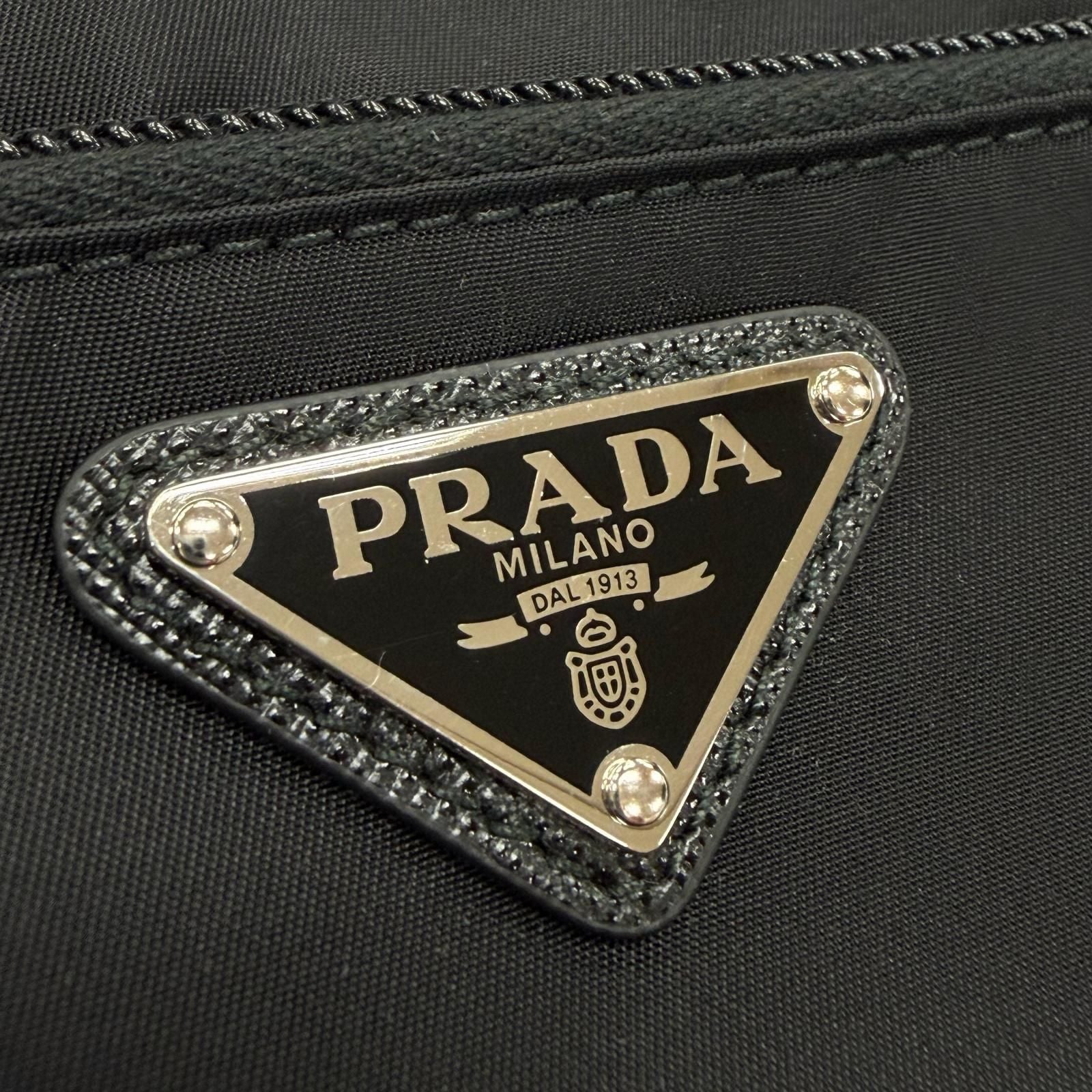 Prada Nylon Saffiano Leather Re-Nylon Triangle Logo Plate Pouch Handbag Clutch — view 9