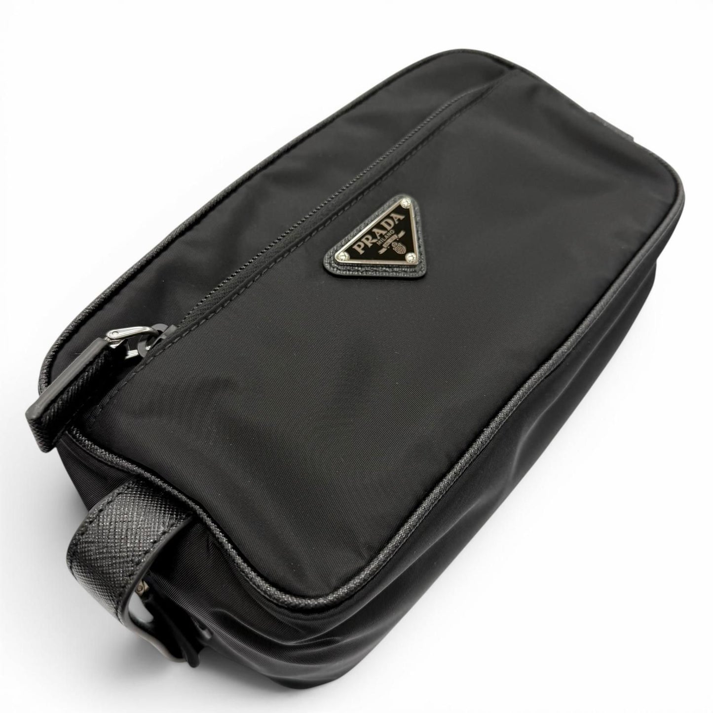Prada Nylon Saffiano Leather Re-Nylon Triangle Logo Plate Pouch Handbag Clutch — view 6