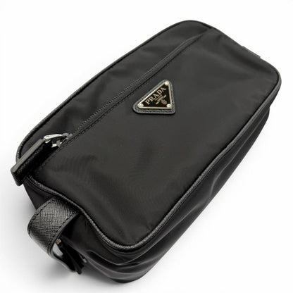 Prada Nylon Saffiano Leather Re-Nylon Triangle Logo Plate Pouch Handbag Clutch — view 6
