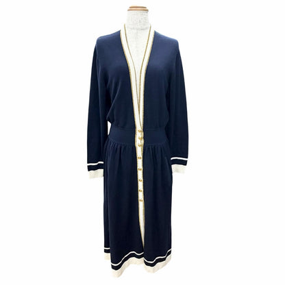 Gucci Wool GG Button Neck Long Sleeve Knit Dress Cardigan Navy White Gold
