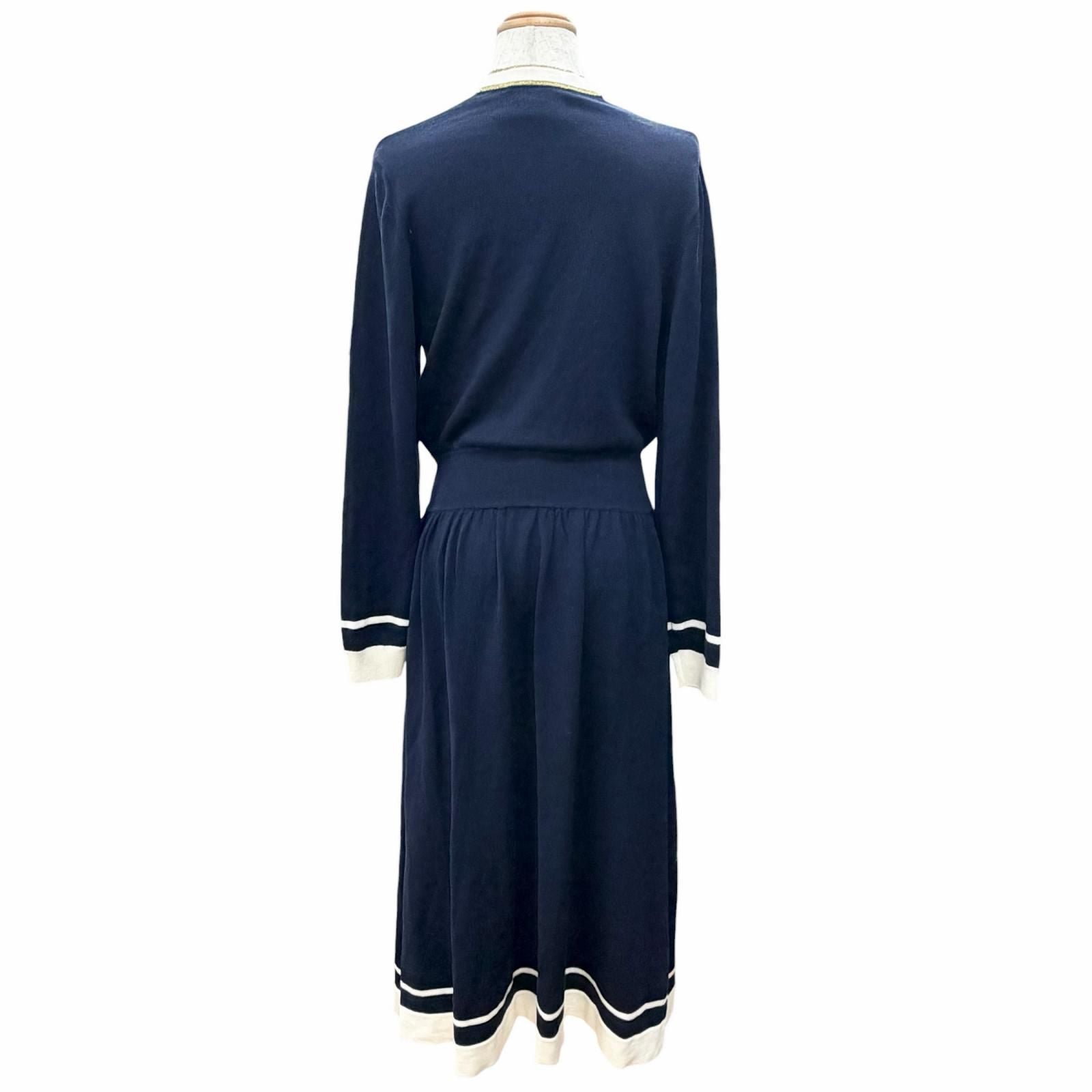 Gucci Wool GG Button Neck Long Sleeve Knit Dress Cardigan Navy White Gold — view 3
