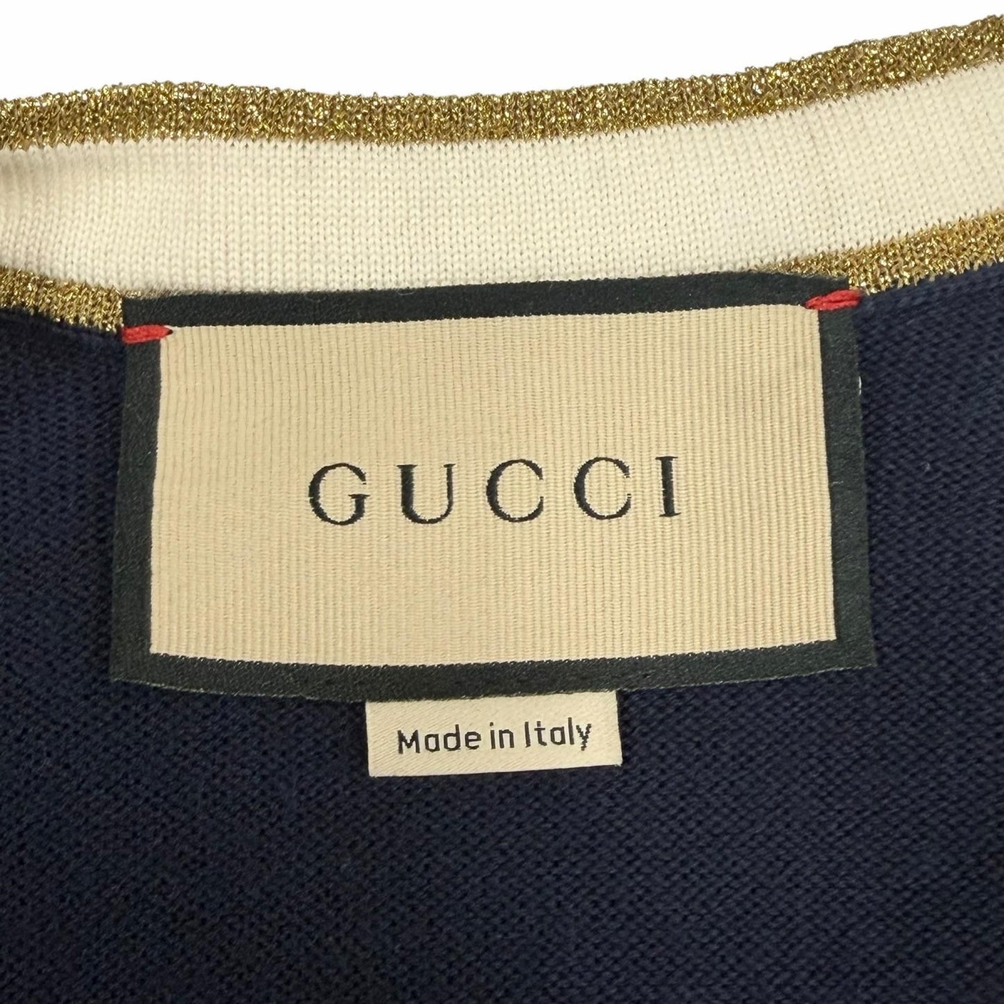 Gucci Wool GG Button Neck Long Sleeve Knit Dress Cardigan Navy White Gold — view 6