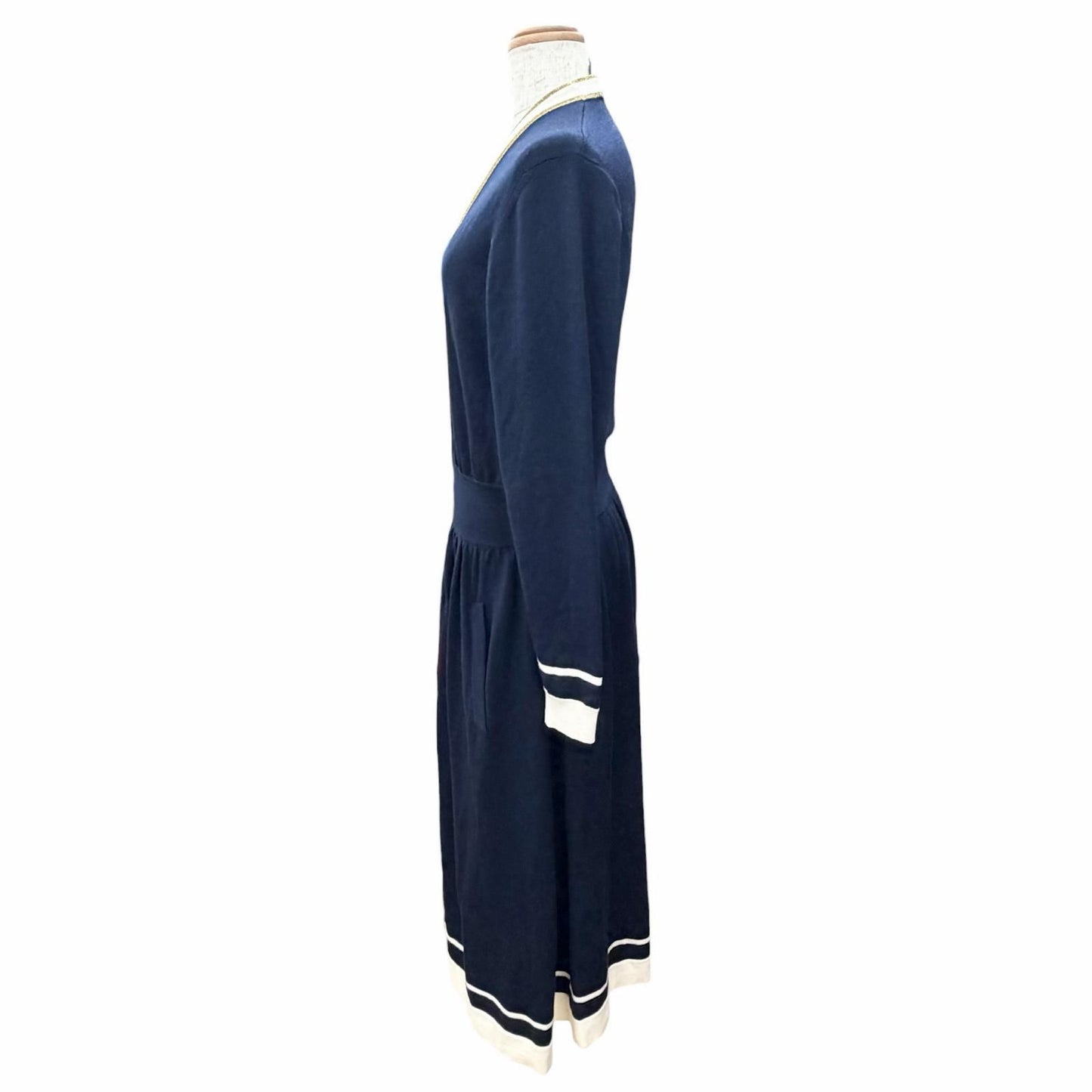 Gucci Wool GG Button Neck Long Sleeve Knit Dress Cardigan Navy White Gold — view 2