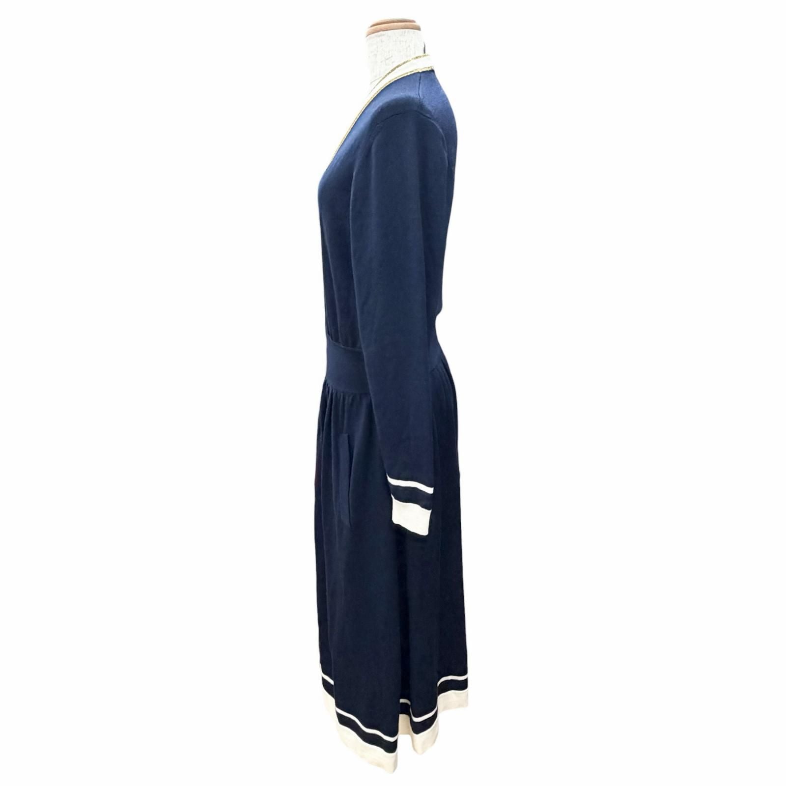 Gucci Wool GG Button Neck Long Sleeve Knit Dress Cardigan Navy White Gold — view 2