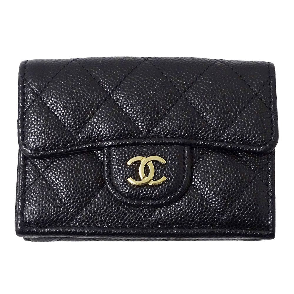 Chanel Wallet Quilted Trifold Caviar Leather Black Gold Mini Small