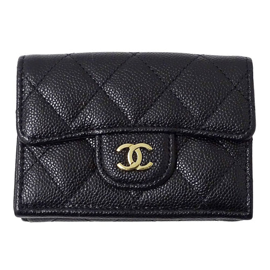 Chanel Wallet Quilted Trifold Caviar Leather Black Gold Mini Small