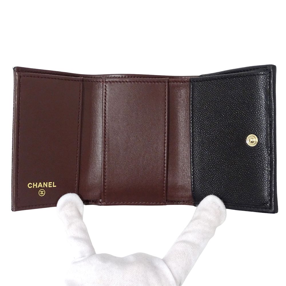 Chanel Wallet Quilted Trifold Caviar Leather Black Gold Mini Small — view 4